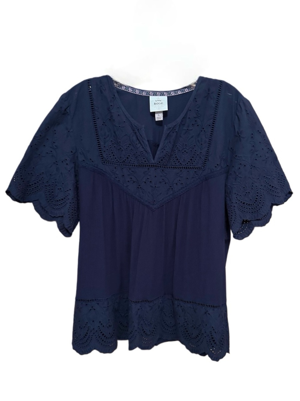 Knox Rose Navy Blue Eyelet Lace Boho Blouse Size L Embroidered Peasant Top